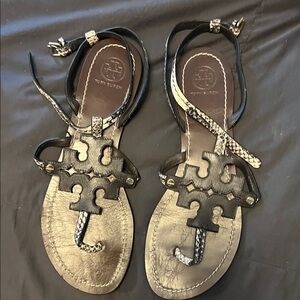 Tory Burch Brown, black and snake skin Sandals